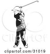 Poster, Art Print Of Little Boy Swinging A Golf Club While Taking Lessons Black And White