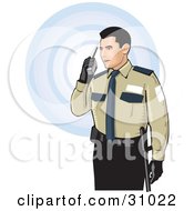 Male Security Guard In Uniform Speaking Through A Walkie Talkie Over A White Background With Blue Circles