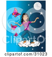 Poster, Art Print Of Pretty Hispanic Girl Standing On A Cloud In A Starry Night Sky With Three Pink Butterflies