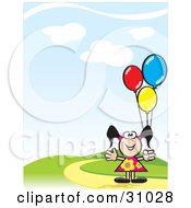 Poster, Art Print Of Happy Little Girl In A Floral Dress Holding Colorful Balloons And Standing On A Hill