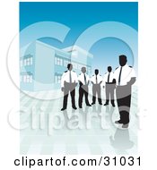 Clipart Illustration Of A Group Of Silhouetted Male Security Guards In Uniforms Standing Outside A Commercial Building