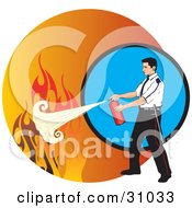 Poster, Art Print Of Man Calmly Extinguishing Flames With A Fire Extinguisher