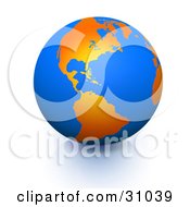 Poster, Art Print Of Planet Earth With Orange Continents And Blue Seas Over A Reflective Surface