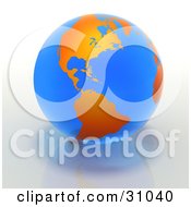 Clipart Illustration Of An Orange And Blue Earth Featuring The American Continents Over A Reflective Surface
