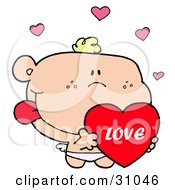 Clipart Illustration Of A Romantic Cupid Flying With A Big Red Valentine And Pink Hearts
