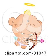 Clipart Illustration Of Cupid Flying With A Halo Above His Blond Hair Aiming An Arrow by Hit Toon