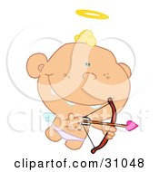 Poster, Art Print Of Grinning Cupid Flying With A Halo Above His Head Aiming An Arrow