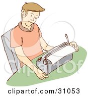Clipart Illustration Of A Young Caucasian Man Reading A Letter He Is Typing On A Typewriter by PlatyPlus Art