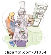Poster, Art Print Of Blond Caucasian Woman Boss Or Secretary Typing On A Computer At Her Office Desk