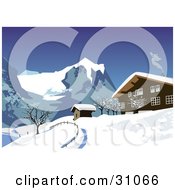 Clipart Illustration Of Smoke Rising From A Chalet In The Snowy Swiss Alps Under A Clear Blue Sky