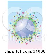 Poster, Art Print Of Colorful Flowers And Butterflies Circling Blue Planet Earth On A Gradient Background