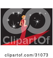Clipart Illustration Of A Famous Female Blond Caucasian Celebrity In An Elegant Red Gown Posing For Cameras While Walking Down A Red Carpet Path by Eugene #COLLC31073-0054