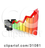 Poster, Art Print Of Three Black Oil Barrels And A Red Arrow Along The Incline Of A Colorful Bar Graph