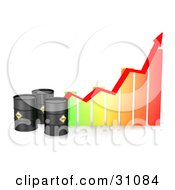 Three Black Barrels Of Oil By A Colorful Bar Graph With A Red Arrow Showing An Incline