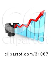 Three Unmarked Black Oil Barrels And A Red Arrow Along The Incline Of A Blue Bar Graph