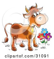 Poster, Art Print Of Happy Farm Cow With Spots Wearing A Bell And Standing By Colorful Flowers