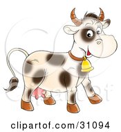 Poster, Art Print Of Friendly Cream Cow With Spots Wearing A Golden Bell