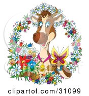 Poster, Art Print Of Happy Brown Dairy Cow Wearing A Bell And Watching A Butterfly On Her Hoof Surrounded By A Wreath Of Colorful Spring Flowers
