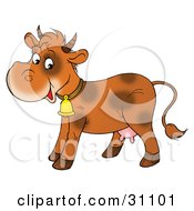 Poster, Art Print Of Cute Brown Spotted Dairy Cow Wearing A Bell And Smiling