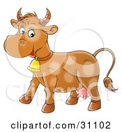 Poster, Art Print Of Happy Brown Cow With Faint Spots Wearing A Bell