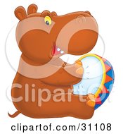 Poster, Art Print Of Talented Brown Baby Hippo Sitting And Playing A Tambourine