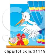 Poster, Art Print Of White Stork Waving While Delivering A Newborn Baby In A Window
