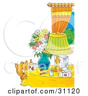 Poster, Art Print Of Curious Orange Cat By A Table With Flowers A Lamp Baby Bottle Pacifier And Baby Supplies