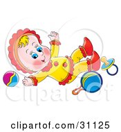 Happy Baby Rolling Around On The Ground With A Ball Rattle And Pacifier