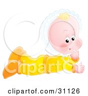 Poster, Art Print Of Curious Baby In A White Bonnet And Yellow Clothes Laying On Her Belly