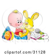 Clipart Illustration Of A Cute Blond Baby In A Nursery Playing With Rings A Ball Microphone Book And Stuffed Bunny Rabbit Animal by Alex Bannykh