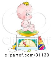 Clipart Illustration Of A Baby Giggling And Weighing Himself On A Scale In A Nursery