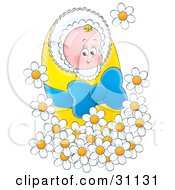 Clipart Illustration Of A Happy Little Newborn Baby Bundled In A Yellow Blanket With A Blue Ribbon Surrounded By White Spring Daisy Flowers