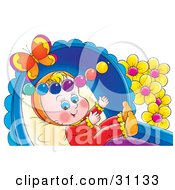 Poster, Art Print Of Happy Baby Playing In A Crib With Toys A Butterfly Flying Above And Flowers In The Background