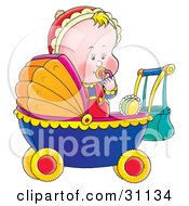 Blond Baby Sucking On A Pacifier Standing Up In A Baby Carriage