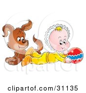 Poster, Art Print Of Brown Puppy Dog And Baby Playing With A Ball