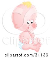 Clipart Illustration Of A Cute Baby In A Diaper Sitting On The Floor And Touching His Chin
