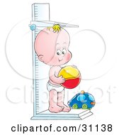 Poster, Art Print Of Baby In A Diaper Standing On A Height Measuring Scale And Holding A Ball