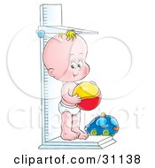 Clipart Illustration Of A Baby In A Diaper Standing On A Height Measuring Scale And Holding A Ball