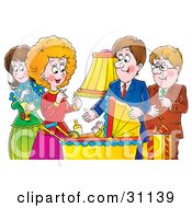 Poster, Art Print Of Family Aunt Uncle Mother And Father Adoring A Baby In A Carriage