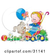 Puppy Dog Walking Alongside A Baby In A Stroller Who Is Holding Onto A Balloon And Watching A Butterfly