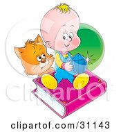 Clipart Illustration Of An Orange Cat Looking At A Baby Sitting On A Book And Holding A Blue Gem