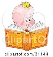 Poster, Art Print Of Smart Blond Baby Smiling And Reading A Book