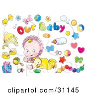 Crawling Little Baby In A Bonnet Surrounded By Toys Bows A Bottle Gift And Pacifier