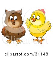 Poster, Art Print Of Yellow Chick Talking To A Brown Owl