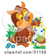 Smart Brown Owl On The Ground With Flowers And Mushrooms Doing A Crossword Puzzle