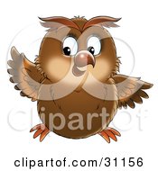 Poster, Art Print Of Chubby Brown Owl Holding Up One Wing And Looking To The Left