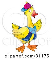 Clipart Illustration Of A Friendly Yellow Goose Or Duck In A Vest And Hat Waving by Alex Bannykh