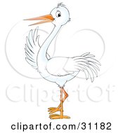 Clipart Illustration Of A Friendly White Stork Bird Waving With One Wing by Alex Bannykh