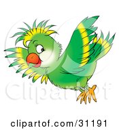 Flying Green Parrot With Yellow Lines On His Head And Wing Feathers