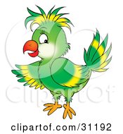 Poster, Art Print Of Friendly Green Parrot With Yellow Markings On His Wing And Head Feathers